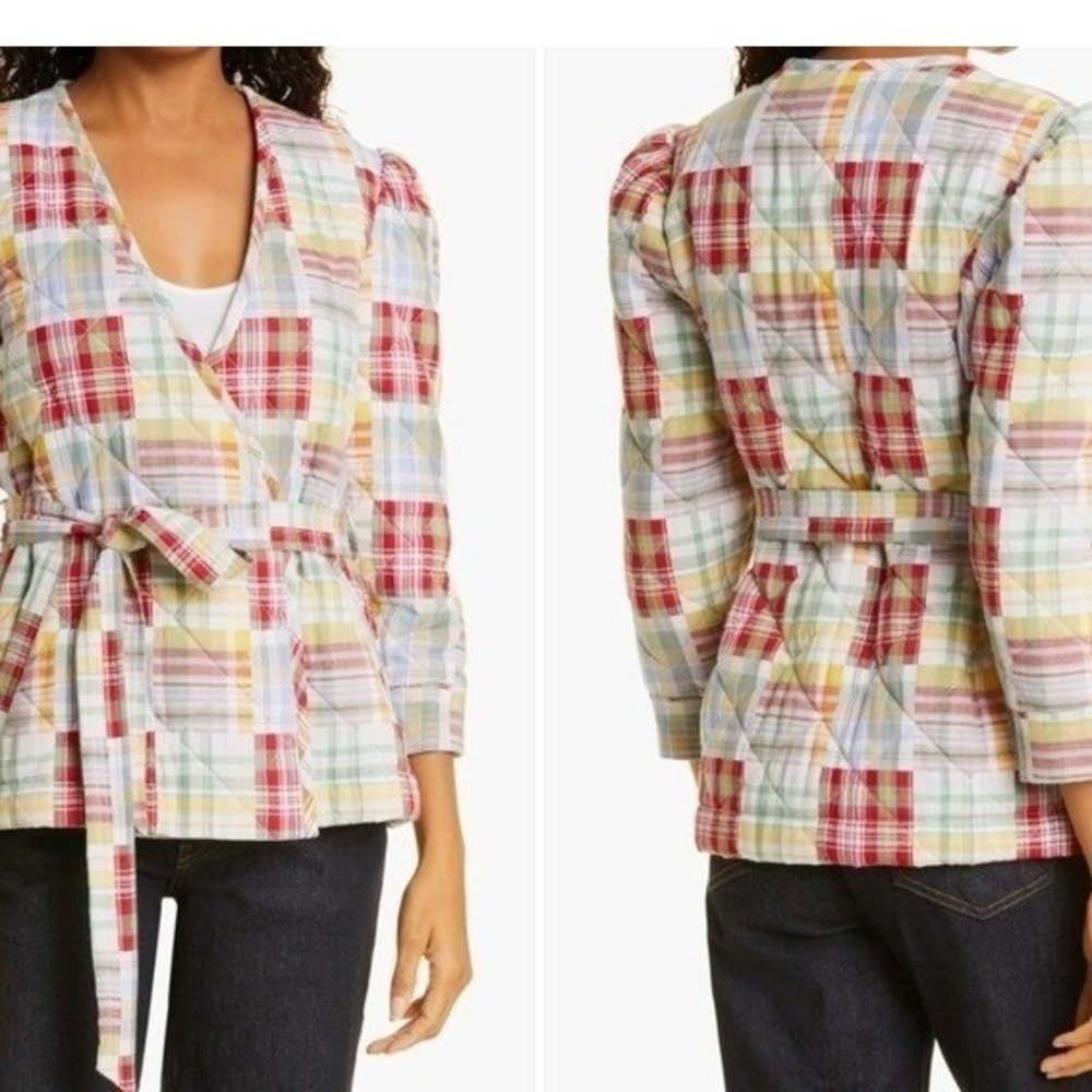 NEW Cinq a Sept Plaid Quilted Patchwork Jacket XL Tie‎ Waist 100% Cotton